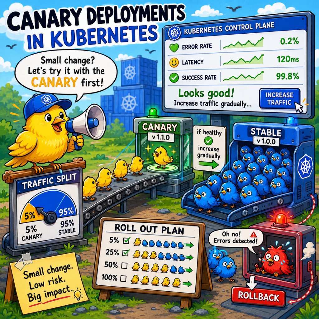 Canary deployments in Kubernetes: small traffic share to the new version, metrics on the control plane, gradual rollout steps, and rollback when errors spike